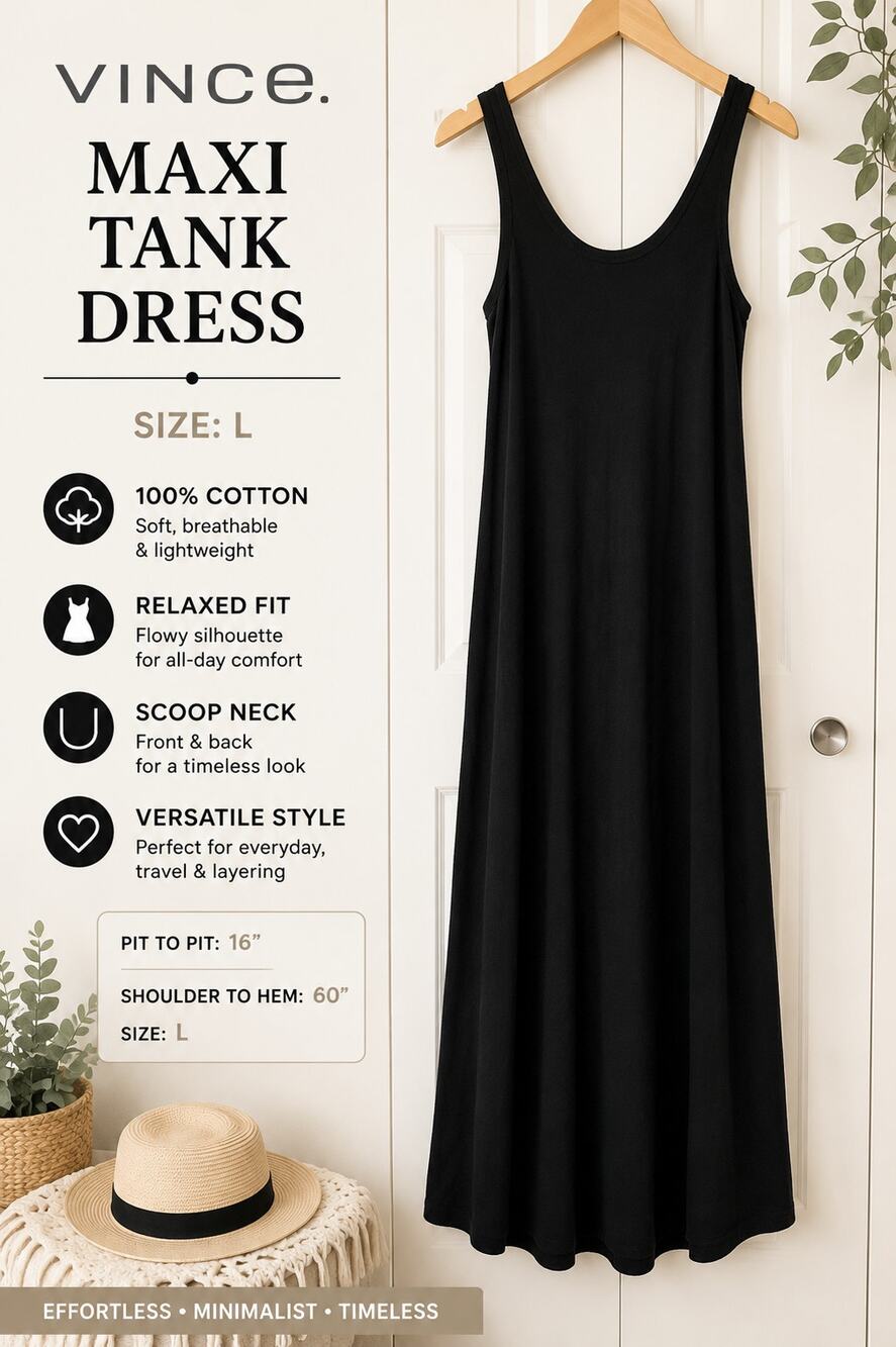 Vince Black 100% Cotton Maxi Tank Dress L Sleeveless Scoop Neck Minimalist